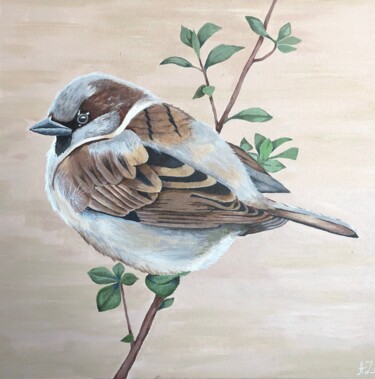 Painting titled "Sparrow" by Aliya Zharlykpaeva, Original Artwork, Acrylic Mounted on Wood Stretcher frame