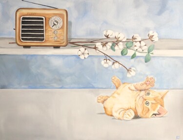 제목이 "kitten and retro ra…"인 미술작품 Aliya Zharlykpaeva로, 원작, 기름 나무 들것 프레임에 장착됨