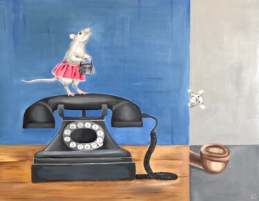 Painting titled "Rats and retro phone" by Aliya Zharlykpaeva, Original Artwork, Oil Mounted on Wood Stretcher frame
