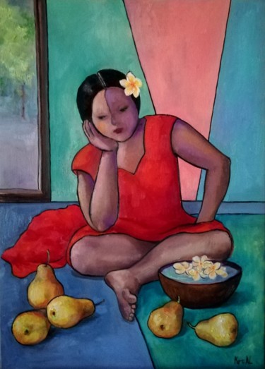 Картина под названием ""Девушка с грушами"" - Almira Krechetova, Подлинное произведение искусства, Масло