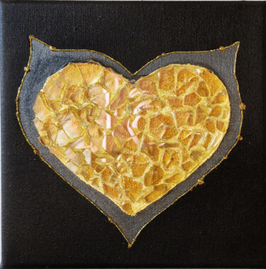 Painting titled "Golden heart" by Alla Broska, Original Artwork, Glass Mounted on Wood Stretcher frame
