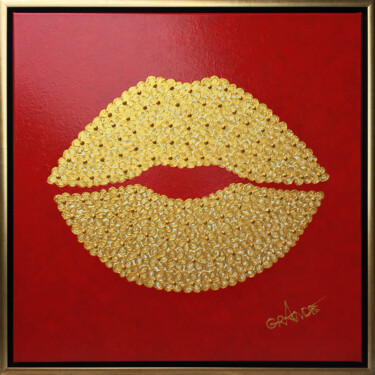 Malerei mit dem Titel "GOLDEN LIPS ON RED" von Alla Grande, Original-Kunstwerk, Acryl