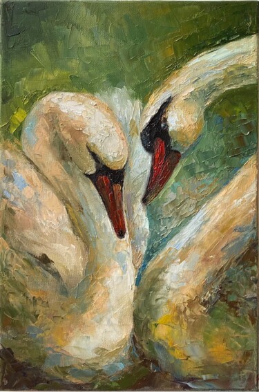 Painting titled "Swans" by Alla Kyzymenko, Original Artwork, Oil