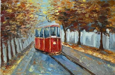 Painting titled "Red Tram" by Alla Kyzymenko, Original Artwork, Oil