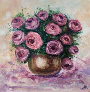 Painting titled "Pink Roses" by Alla Kyzymenko, Original Artwork, Oil