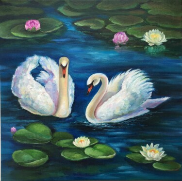 Painting titled "White Swans" by Alla Kyzymenko, Original Artwork, Oil