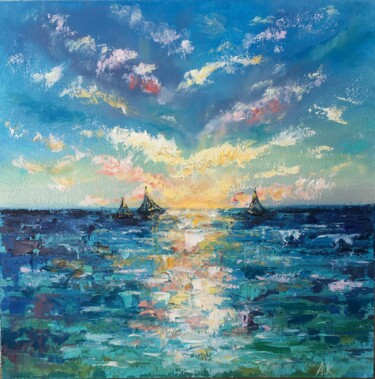 Painting titled "Sunset Seascape" by Alla Kyzymenko, Original Artwork, Oil