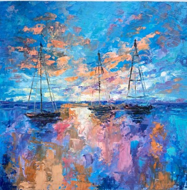 Painting titled "Sailboats on Sunset" by Alla Kyzymenko, Original Artwork, Oil