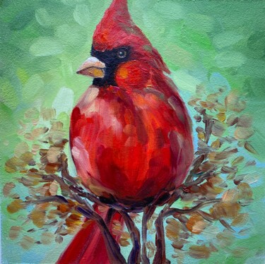 Painting titled "Red Bird" by Alla Kyzymenko, Original Artwork, Oil