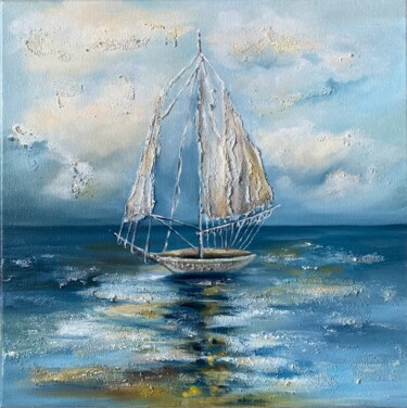 Painting titled "White Sailboat" by Alla Kyzymenko, Original Artwork, Oil