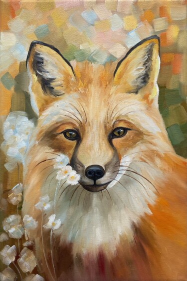 Painting titled "Fox in flowers" by Alla Kyzymenko, Original Artwork, Oil
