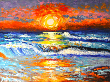 Painting titled "sunrise at sea" by Alla Landenband, Original Artwork, Oil