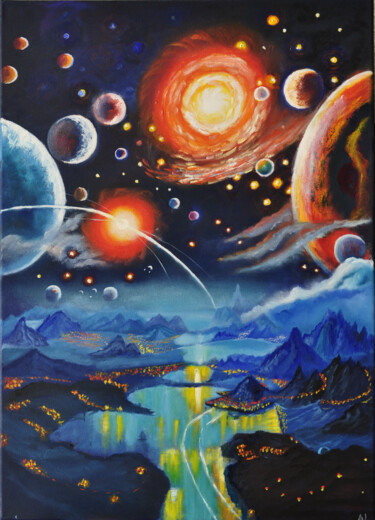 Painting titled "parade of planets" by Alla Landenband, Original Artwork, Oil