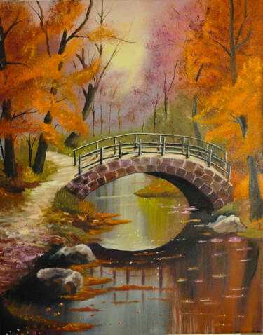 Schilderij getiteld "Forest bridge" door Alla Landenband, Origineel Kunstwerk, Olie