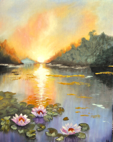 Painting titled "dawn on the pond" by Alla Landenband, Original Artwork, Oil