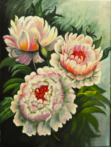 Painting titled "delicate peonies" by Alla Landenband, Original Artwork, Oil
