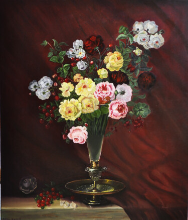 Painting titled "vase with roses" by Alla Landenband, Original Artwork, Oil