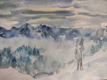 Pintura intitulada "Painting winter lan…" por Alla Orlova, Obras de arte originais, Aquarela