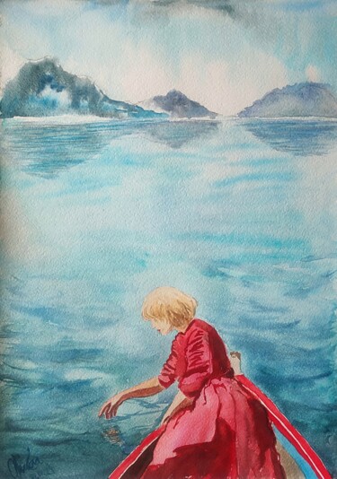Pintura intitulada "A girl in a red dre…" por Alla Orlova, Obras de arte originais, Aquarela