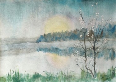Malerei mit dem Titel "Forest in the fog a…" von Alla Orlova, Original-Kunstwerk, Aquarell