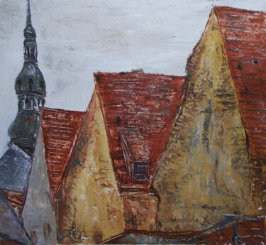 Schilderij getiteld "Roofs of the old ci…" door Alla Ronikier, Origineel Kunstwerk, Olie