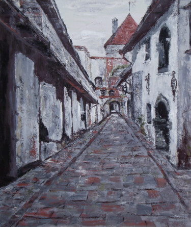 Painting titled "Tallinn." by Alla Ronikier, Original Artwork, Oil Mounted on Wood Stretcher frame