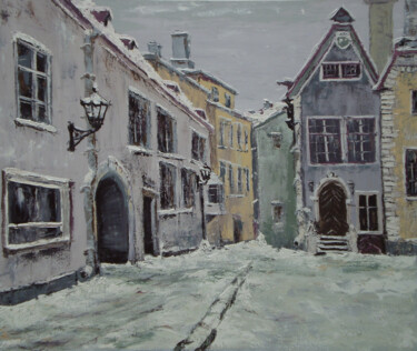 Painting titled "Tallinn-" by Alla Ronikier, Original Artwork, Oil Mounted on Wood Stretcher frame