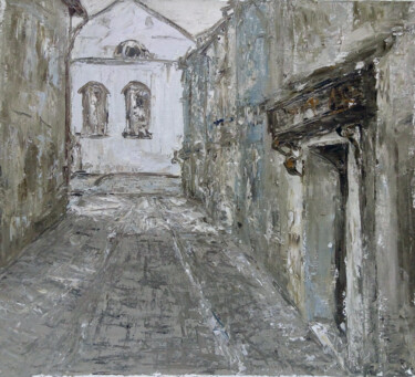 Painting titled "Street in Krakow" by Alla Ronikier, Original Artwork, Oil Mounted on Wood Stretcher frame