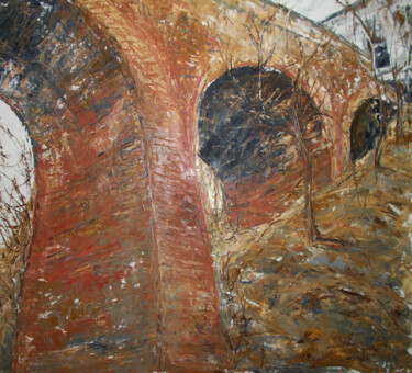 Painting titled "Bridge" by Alla Ronikier, Original Artwork, Oil Mounted on Wood Stretcher frame