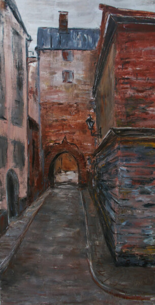 Painting titled "City stroll Riga" by Alla Ronikier, Original Artwork, Oil Mounted on Wood Stretcher frame