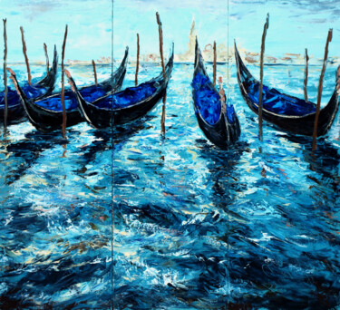 Painting titled "Venice gondolas" by Alla Ronikier, Original Artwork, Oil Mounted on Wood Stretcher frame