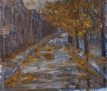 Painting titled "Rainy autumn" by Alla Ronikier, Original Artwork, Oil Mounted on Wood Stretcher frame