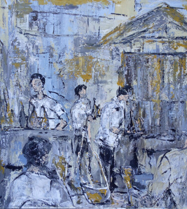 Painting titled "Parisian cafe" by Alla Ronikier, Original Artwork, Acrylic Mounted on Wood Stretcher frame