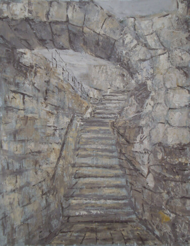 Malarstwo zatytułowany „Jerusalem. Stairs” autorstwa Alla Ronikier, Oryginalna praca, Olej Zamontowany na Drewniana rama nos…