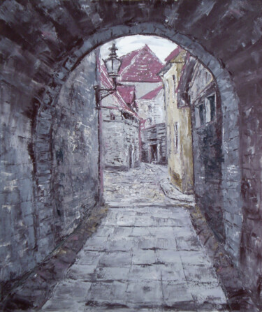 Painting titled "Tallinn.Arch" by Alla Ronikier, Original Artwork, Oil Mounted on Wood Stretcher frame