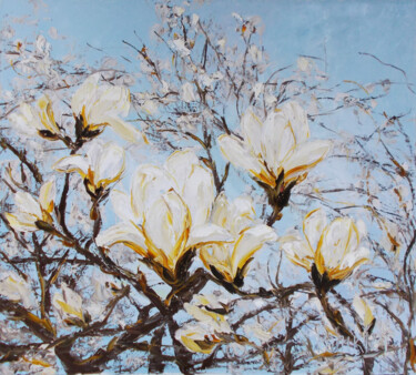 Painting titled "Magnolia blooms" by Alla Ronikier, Original Artwork, Oil Mounted on Wood Stretcher frame