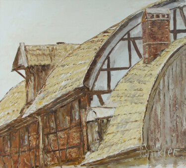 Painting titled "The roofs of the ol…" by Alla Ronikier, Original Artwork, Oil Mounted on Wood Stretcher frame