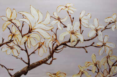 Painting titled "Magnolia" by Alla Ronikier, Original Artwork, Oil Mounted on Wood Stretcher frame
