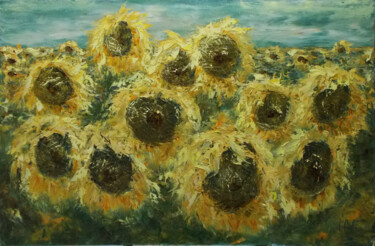 Painting titled "Sunflower field. My…" by Alla Ronikier, Original Artwork, Oil Mounted on Wood Stretcher frame