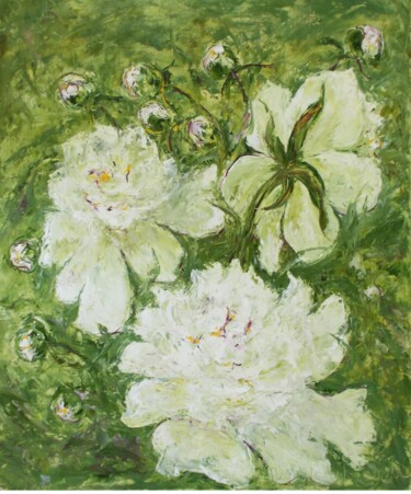 Painting titled "White peonies" by Alla Ronikier, Original Artwork, Oil Mounted on Wood Stretcher frame