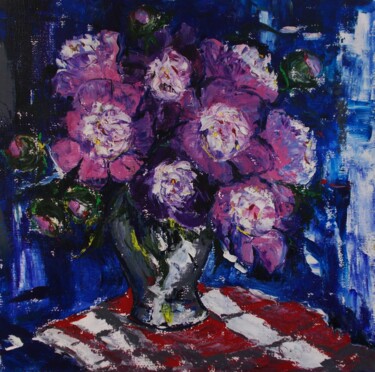 Painting titled "Peonies in a vase" by Alla Ronikier, Original Artwork, Oil Mounted on Wood Stretcher frame