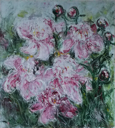 Painting titled "Pink peonies" by Alla Ronikier, Original Artwork, Oil Mounted on Wood Stretcher frame