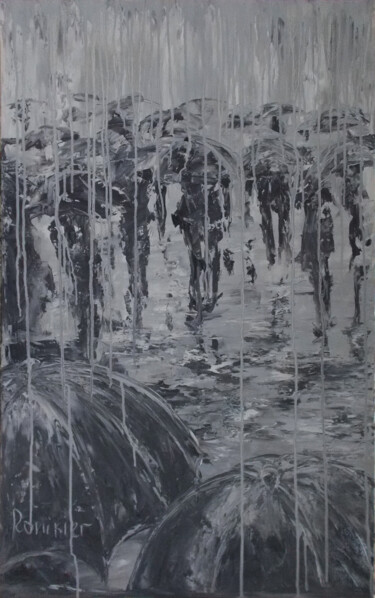 Painting titled "Rainy" by Alla Ronikier, Original Artwork, Oil Mounted on Wood Stretcher frame