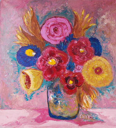 Painting titled "A flower .. and ano…" by Alla Ronikier, Original Artwork, Oil Mounted on Wood Stretcher frame