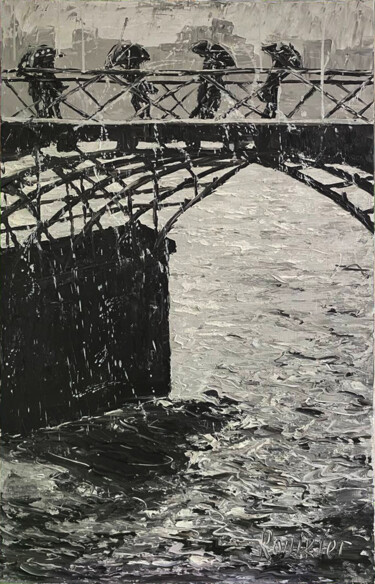 Painting titled "Paris.Bridge" by Alla Ronikier, Original Artwork, Oil Mounted on Wood Stretcher frame