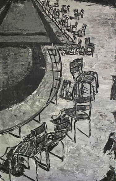 Painting titled "Paris. Chairs" by Alla Ronikier, Original Artwork, Oil Mounted on Wood Stretcher frame