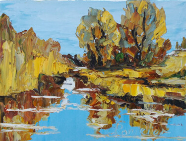 Painting titled "Autumn reflection" by Alla Ronikier, Original Artwork, Oil Mounted on Wood Stretcher frame