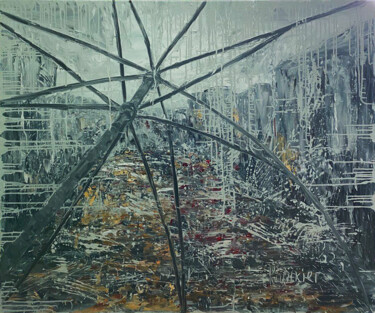 Painting titled "City under the umbr…" by Alla Ronikier, Original Artwork, Oil Mounted on Wood Stretcher frame