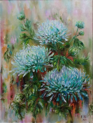 「Chrysanthemums / Хр…」というタイトルの絵画 Alla Tatarinovaによって, オリジナルのアートワーク, オイル