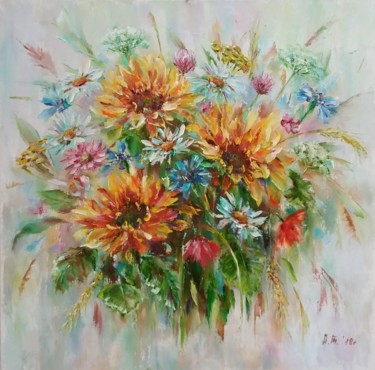 Painting titled "Bouquet with sunflo…" by Alla Tatarinova, Original Artwork, Oil